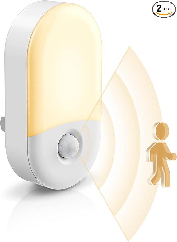 LOHAS LED Motion Sensor Night Light 2-Pack – Plug-in Warm White 3000K, Adjustable Brightness, Auto Motion Activated for Bedroom, Bathroom & Hallway
