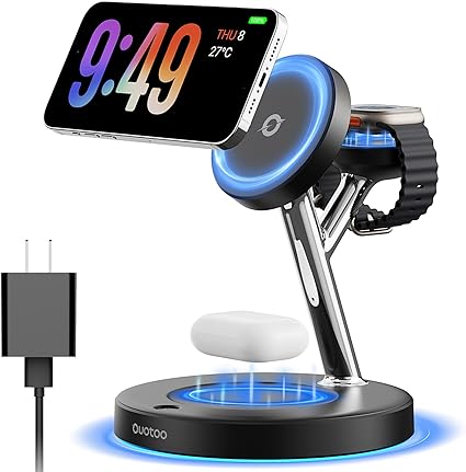 3-in-1 MagSafe Wireless Charger Stand –for Apple Devices with Blue Ambient Light