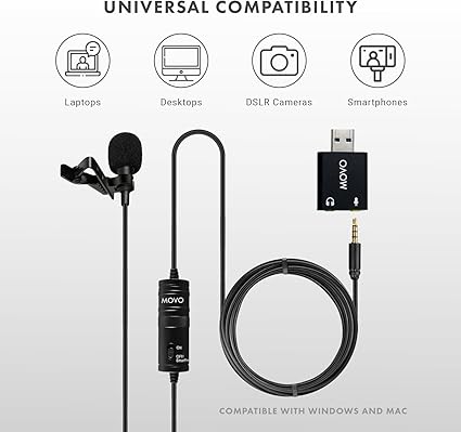 Movo LV1-USB Lavalier Microphone for Camera, Lapel for iPhone and Android Smartphones, Body Lav Mic, Clip On Microphone for 3.5mm, Shirt Lapel Mic for Phone, GoPro, Interview, Computer, PC