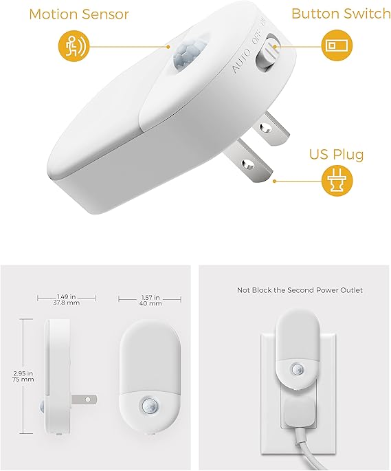 LOHAS LED Motion Sensor Night Light 2-Pack – Plug-in Warm White 3000K, Adjustable Brightness, Auto Motion Activated for Bedroom, Bathroom & Hallway