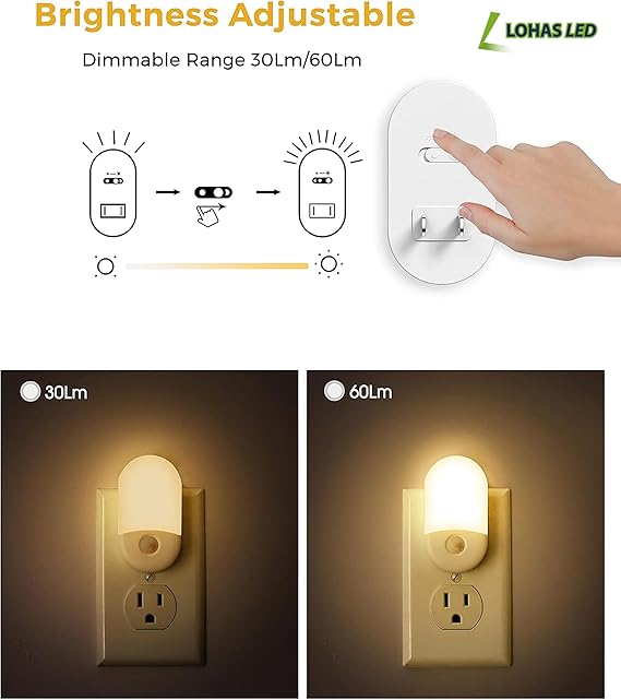 LOHAS LED Motion Sensor Night Light 2-Pack – Plug-in Warm White 3000K, Adjustable Brightness, Auto Motion Activated for Bedroom, Bathroom & Hallway