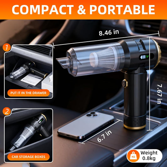 Cordless Handheld Vacuum Cleaner – 23000Pa Powerful Rechargeable Mini Vacuum for Car, Home, Pet Hair, Carpet & Stairs (Black/Gold)