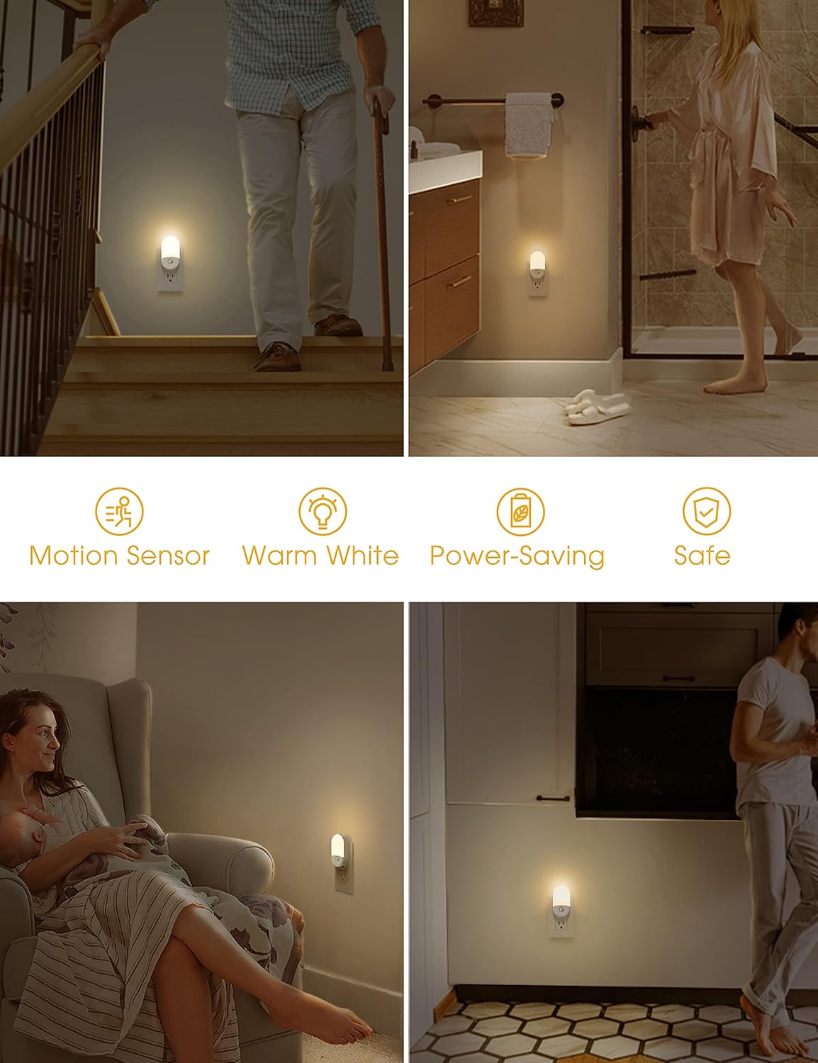 LOHAS LED Motion Sensor Night Light 2-Pack – Plug-in Warm White 3000K, Adjustable Brightness, Auto Motion Activated for Bedroom, Bathroom & Hallway