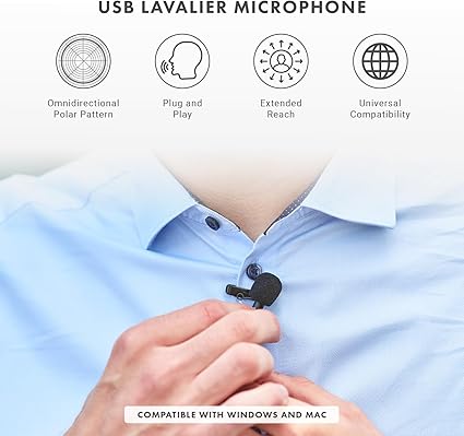 Movo LV1-USB Lavalier Microphone for Camera, Lapel for iPhone and Android Smartphones, Body Lav Mic, Clip On Microphone for 3.5mm, Shirt Lapel Mic for Phone, GoPro, Interview, Computer, PC