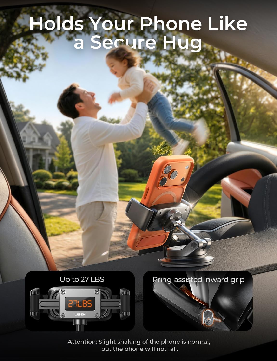 LISEN Magnetic Car Phone Holder with Ultra Suction Cup – Secure Dashboard Mount for iPhone & Android