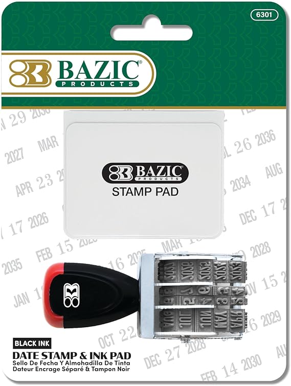 BAZIC Products Date Stamp with Ink Pad, Black Ink, Rotating Date Bands, for Office Invoices Files