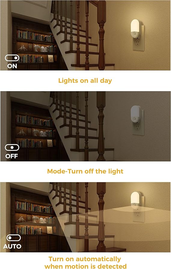 LOHAS LED Motion Sensor Night Light 2-Pack – Plug-in Warm White 3000K, Adjustable Brightness, Auto Motion Activated for Bedroom, Bathroom & Hallway