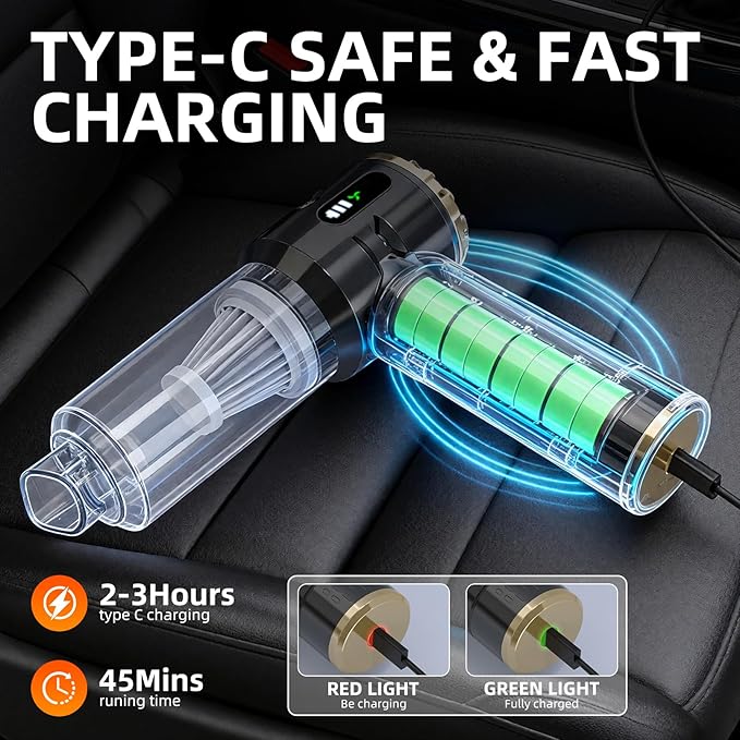 Cordless Handheld Vacuum Cleaner – 23000Pa Powerful Rechargeable Mini Vacuum for Car, Home, Pet Hair, Carpet & Stairs (Black/Gold) - AURA NEST