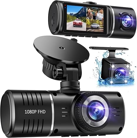 Dash Cam Front and Rear, 1080P Dash Camera for Cars, 3 Channel Car Camera Front Rear and Inside with 32GB Card, Loop Recording, Night Vision, HDR, 24Hr Parking, G-Sensor - AURA NEST