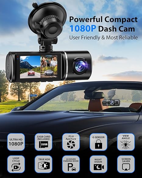 Dash Cam Front and Rear, 1080P Dash Camera for Cars, 3 Channel Car Camera Front Rear and Inside with 32GB Card, Loop Recording, Night Vision, HDR, 24Hr Parking, G-Sensor - AURA NEST