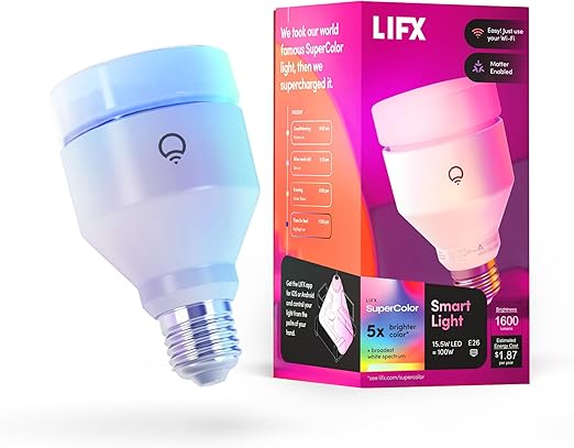 LIFX Supercolor A21 Smart Light Bulb, 1600 Lumens 100W Equivalent, Color Changing RGB + Tunable White, Dimmable E26, Matter Compatible, Works with Apple HomeKit, Alexa & Google Home, No Hub Required - AURA NEST
