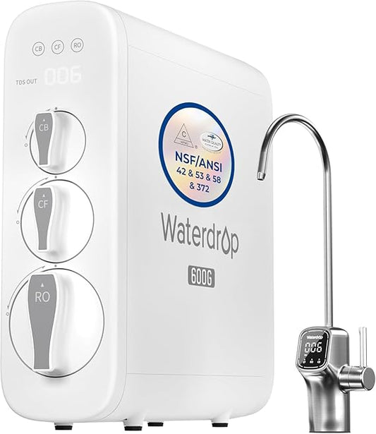 Waterdrop G3P600 Reverse Osmosis System, 8 Stage Tankless Reverse Osmosis Water Filter, NSF/ANSI 42 & 53 & 58 & 372 Certified, Under Sink RO System, 2:1 Pure to Drain, Smart LED Faucet - AURA NEST
